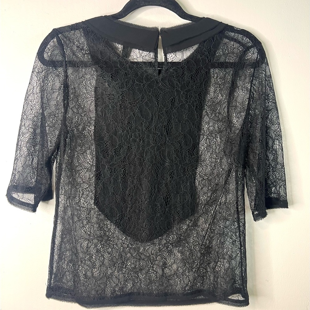BCBG MaxAzria Sheer Lace Top Short Sleeves Pleated Detail Ethereal SZ S EUC - Picture 6 of 8